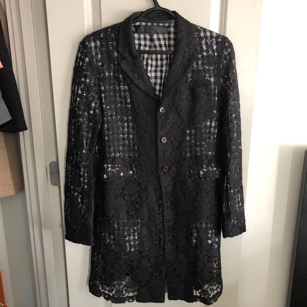 Comme des Garçons long lace gingham blazer jacket